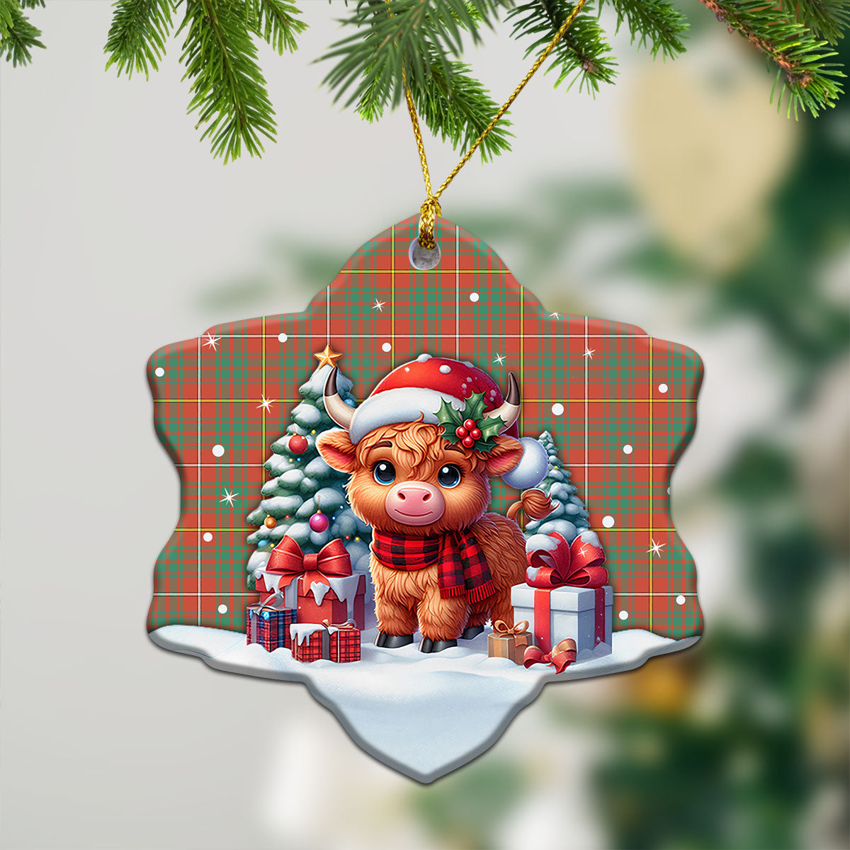 Bruce Ancient Tartan Christmas Ceramic Ornament - Highland Cow Winter Style