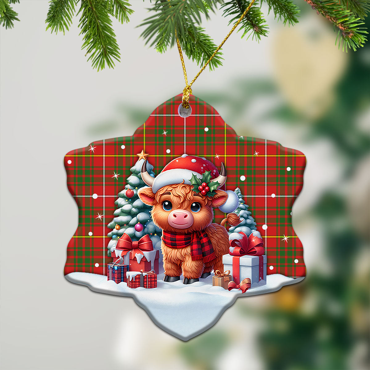 Bruce Modern Tartan Christmas Ceramic Ornament - Highland Cow Winter Style