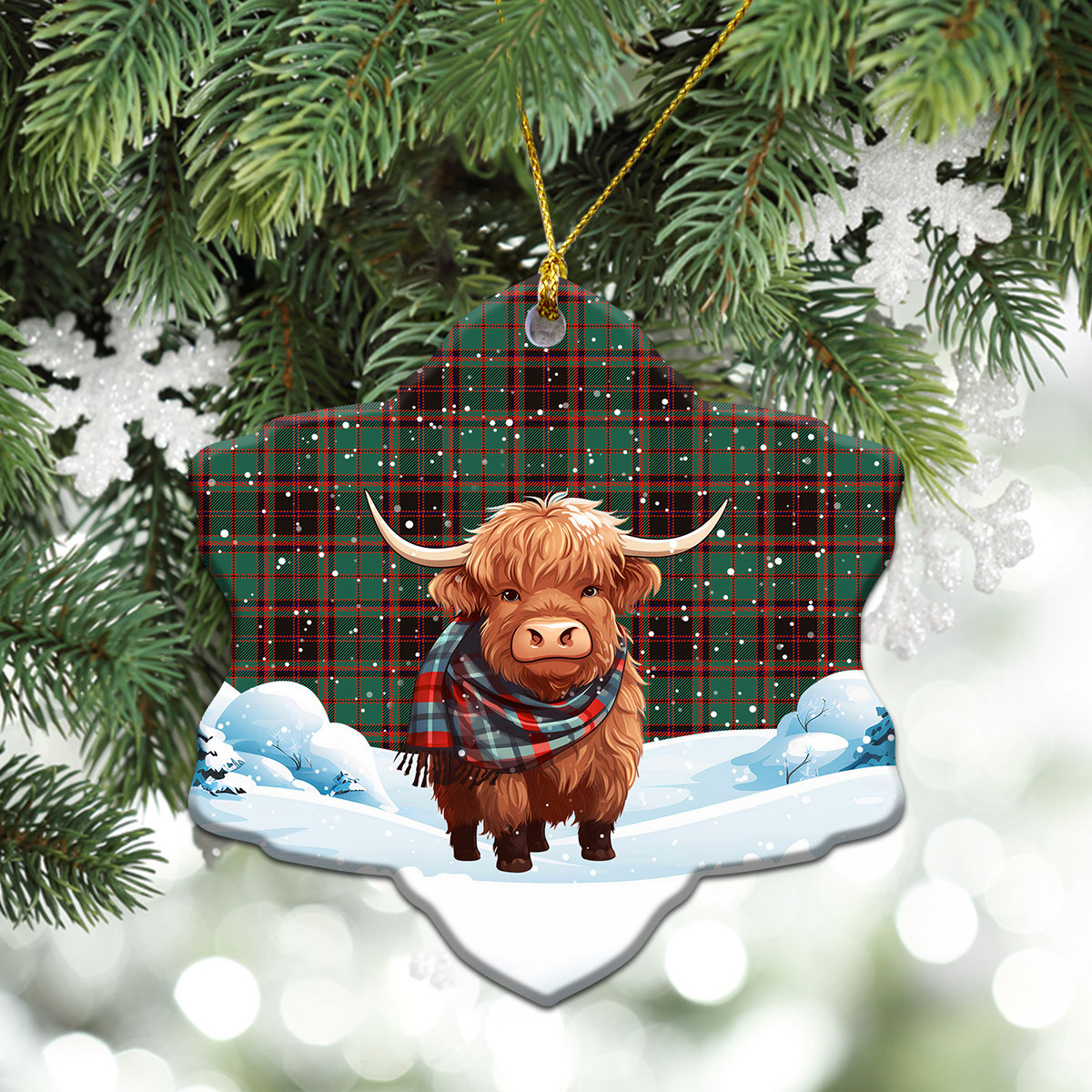 Buchan Ancient Tartan Christmas Ceramic Ornament - Highland Cows Snow Style