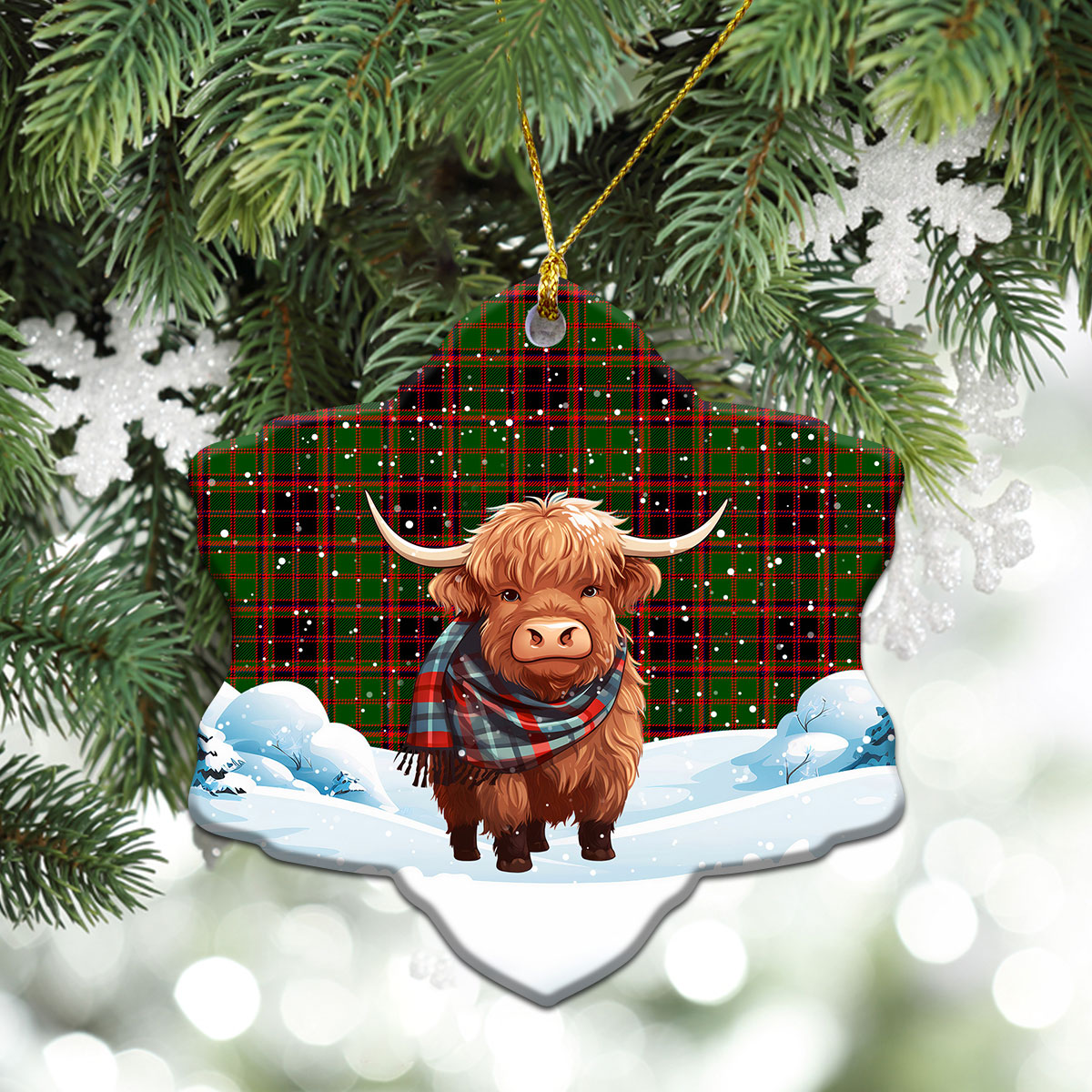 Buchan Modern Tartan Christmas Ceramic Ornament - Highland Cows Snow Style