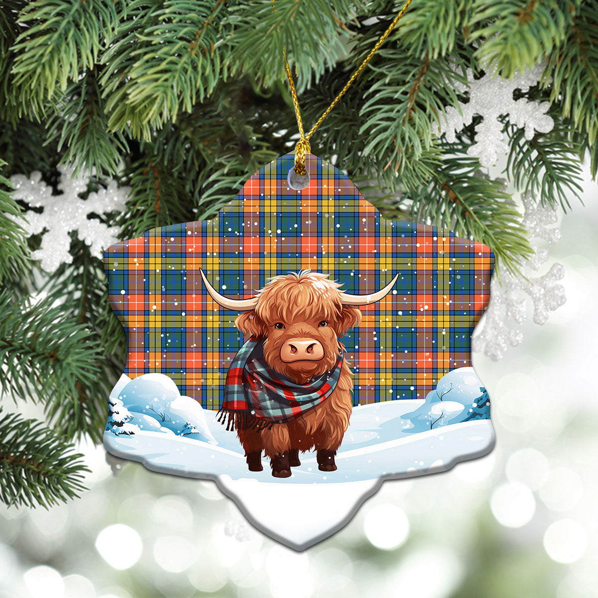 Buchanan Ancient Tartan Christmas Ceramic Ornament - Highland Cows Snow Style