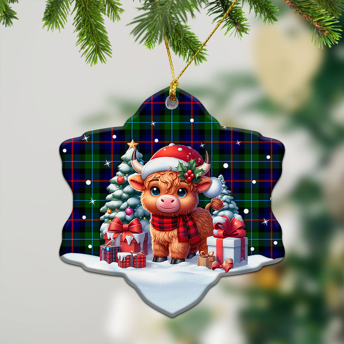 Calder Tartan Christmas Ceramic Ornament - Highland Cow Winter Style