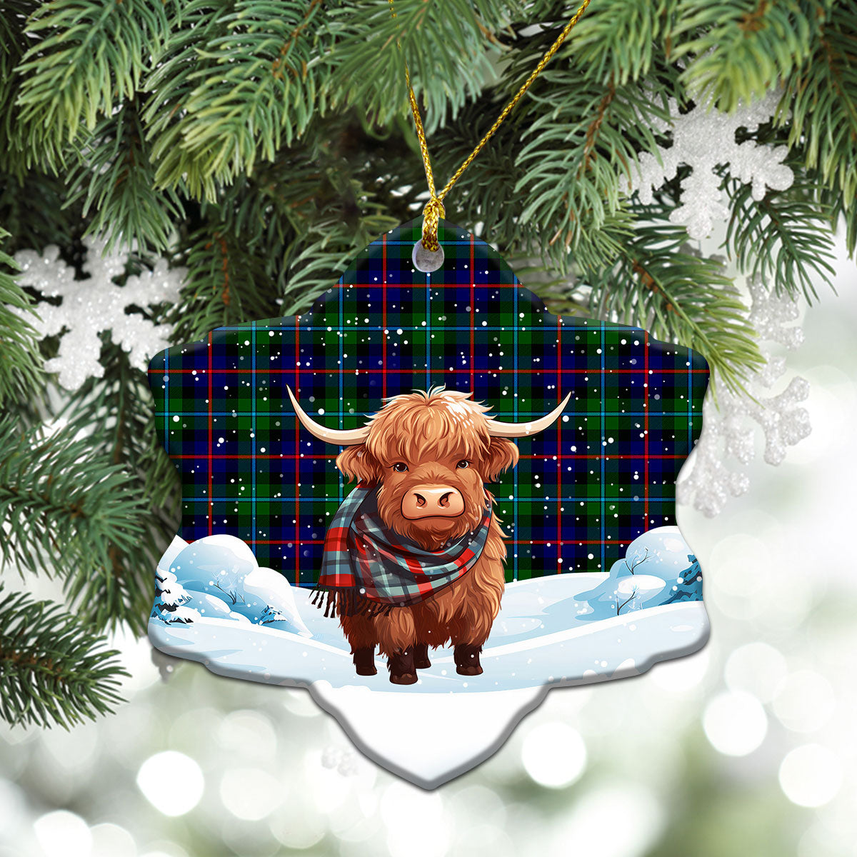 Calder Tartan Christmas Ceramic Ornament - Highland Cows Snow Style