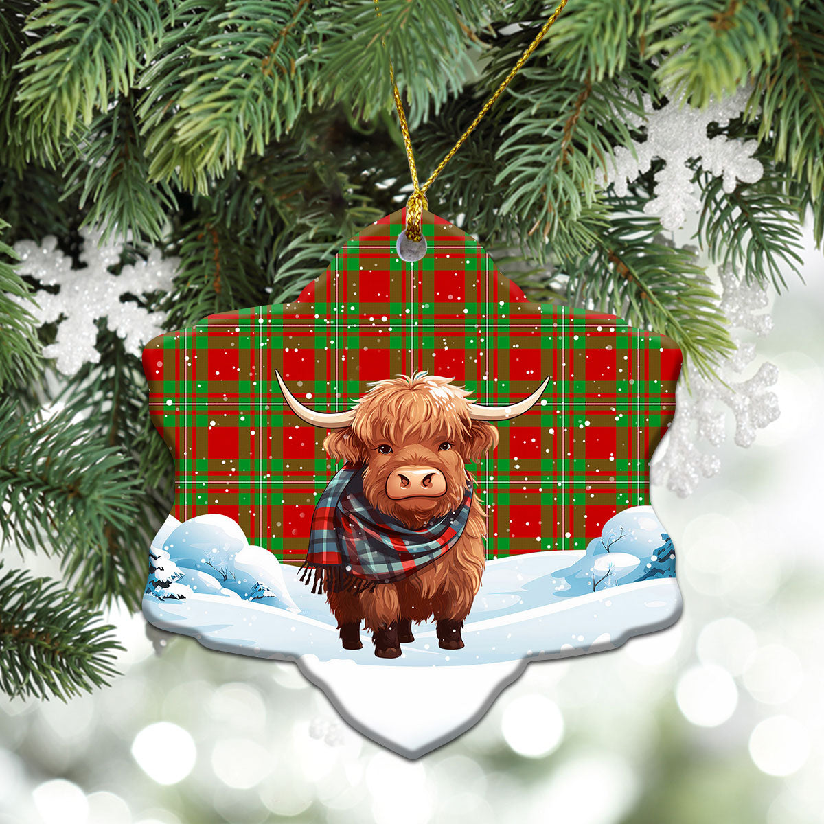 Callander Tartan Christmas Ceramic Ornament - Highland Cows Snow Style