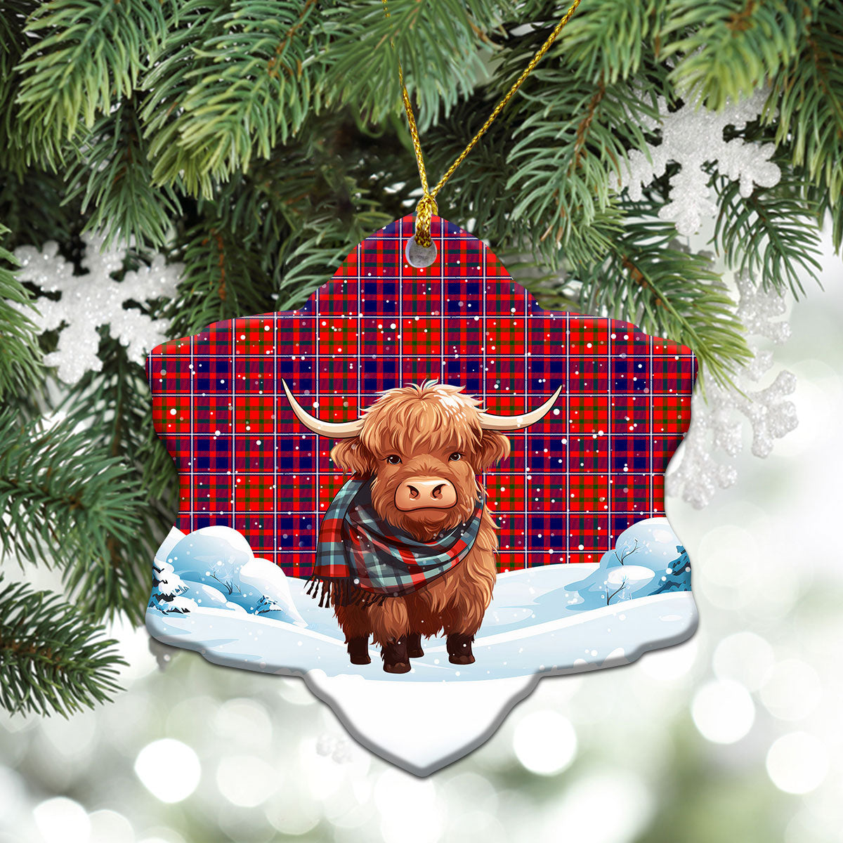 Cameron of Lochiel Modern Tartan Christmas Ceramic Ornament - Highland Cows Snow Style