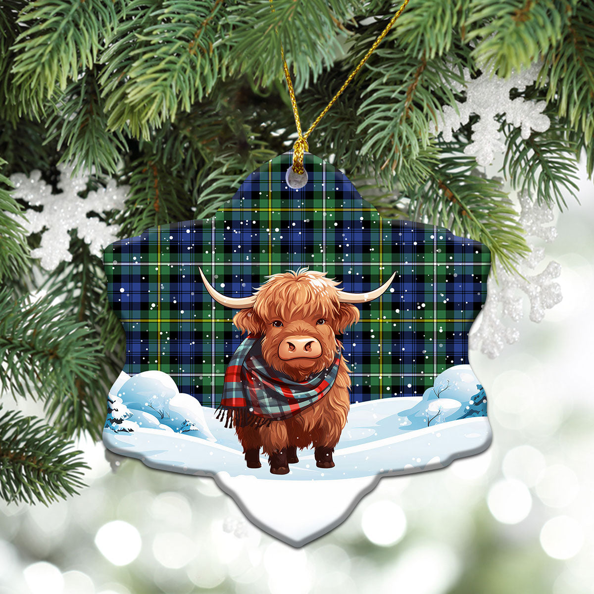 Campbell Argyll Ancient Tartan Christmas Ceramic Ornament - Highland Cows Snow Style