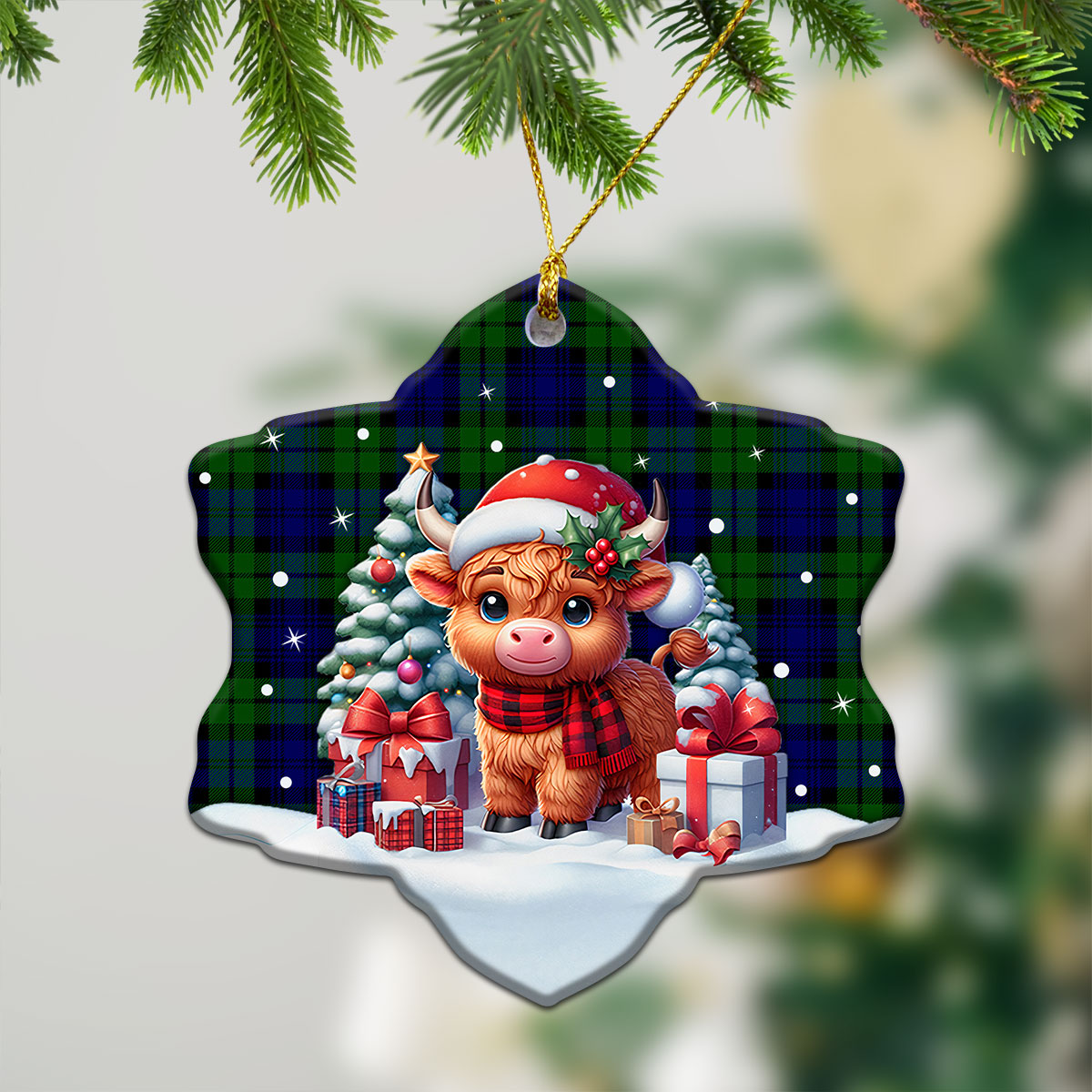 Campbell Modern Tartan Christmas Ceramic Ornament - Highland Cow Winter Style