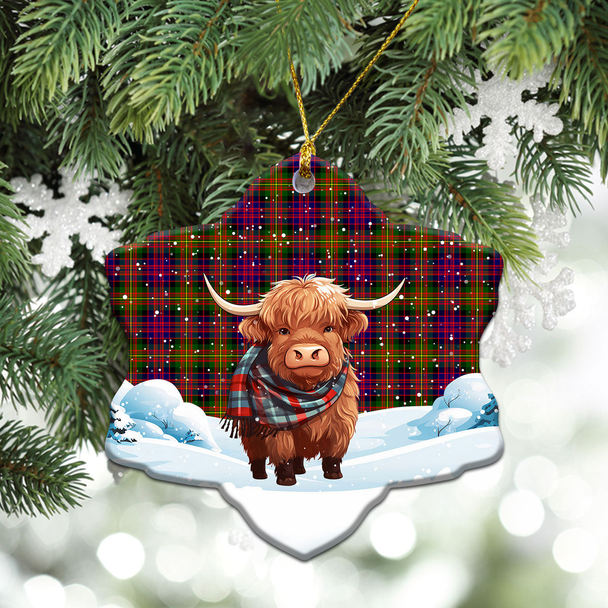 Carnegie Modern Tartan Christmas Ceramic Ornament - Highland Cows Snow Style