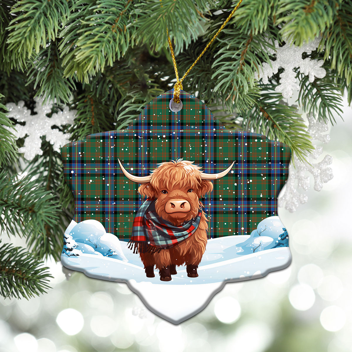 Cochrane Ancient Tartan Christmas Ceramic Ornament - Highland Cows Snow Style