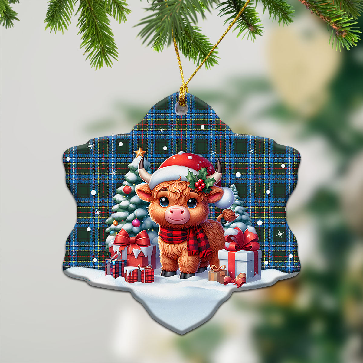 Cockburn Modern Tartan Christmas Ceramic Ornament - Highland Cow Winter Style