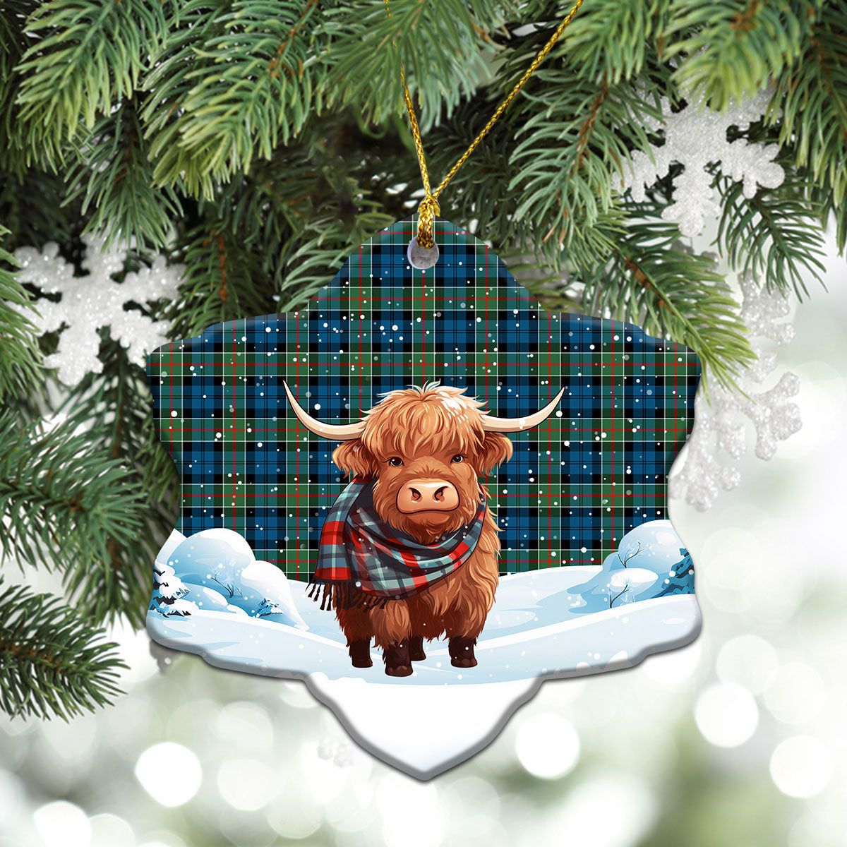 Colquhoun Ancient Tartan Christmas Ceramic Ornament - Highland Cows Snow Style