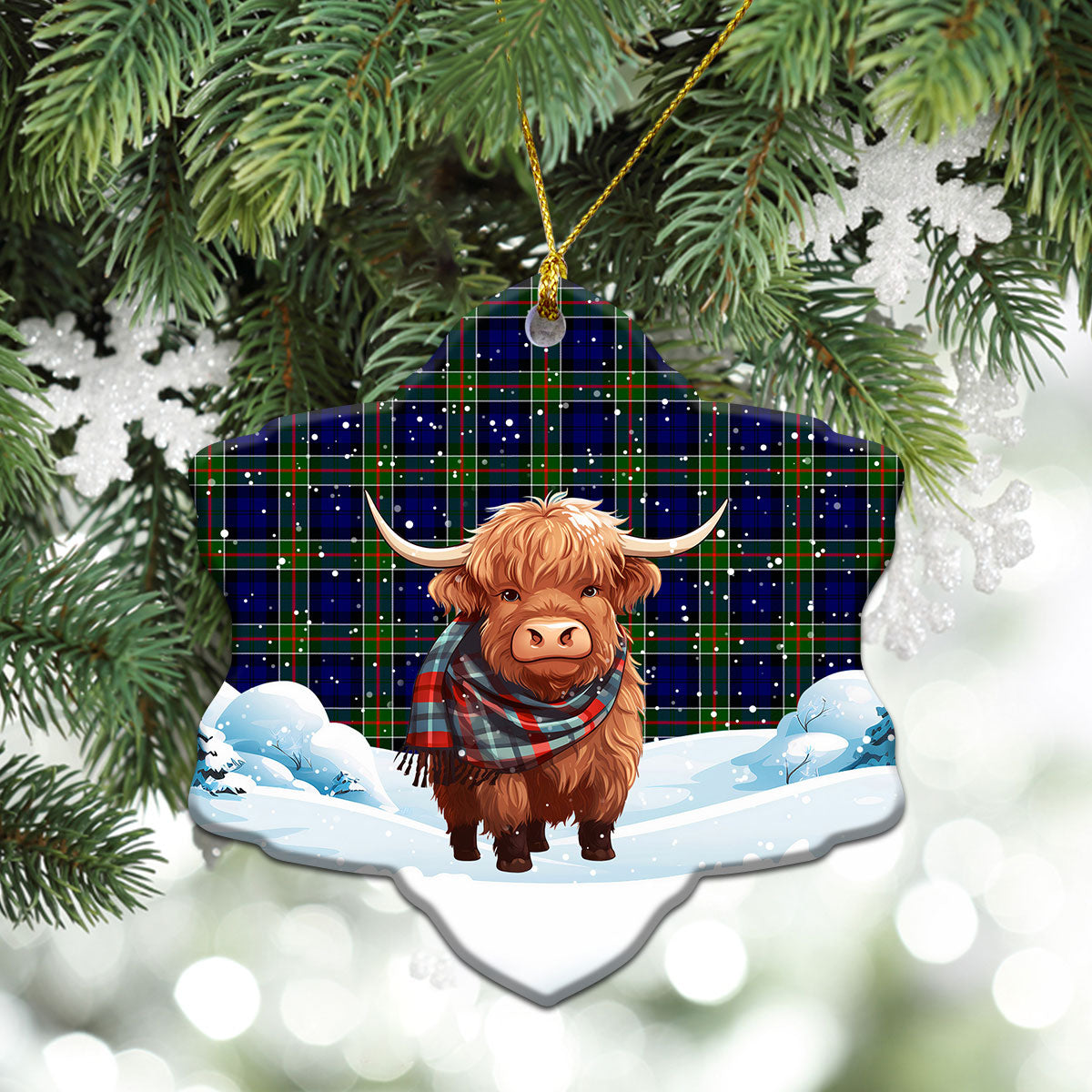 Colquhoun Modern Tartan Christmas Ceramic Ornament - Highland Cows Snow Style