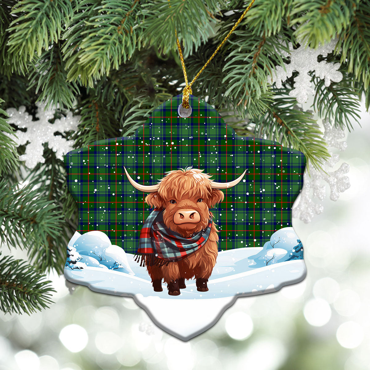 Cranstoun Tartan Christmas Ceramic Ornament - Highland Cows Snow Style