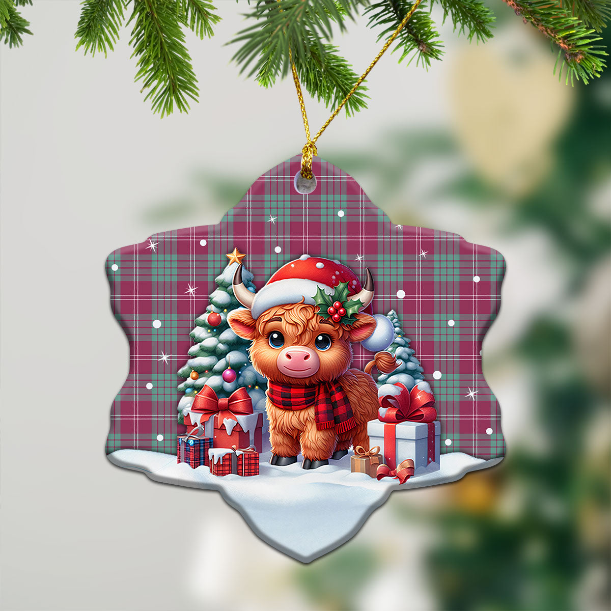 Crawford Ancient Tartan Christmas Ceramic Ornament - Highland Cow Winter Style