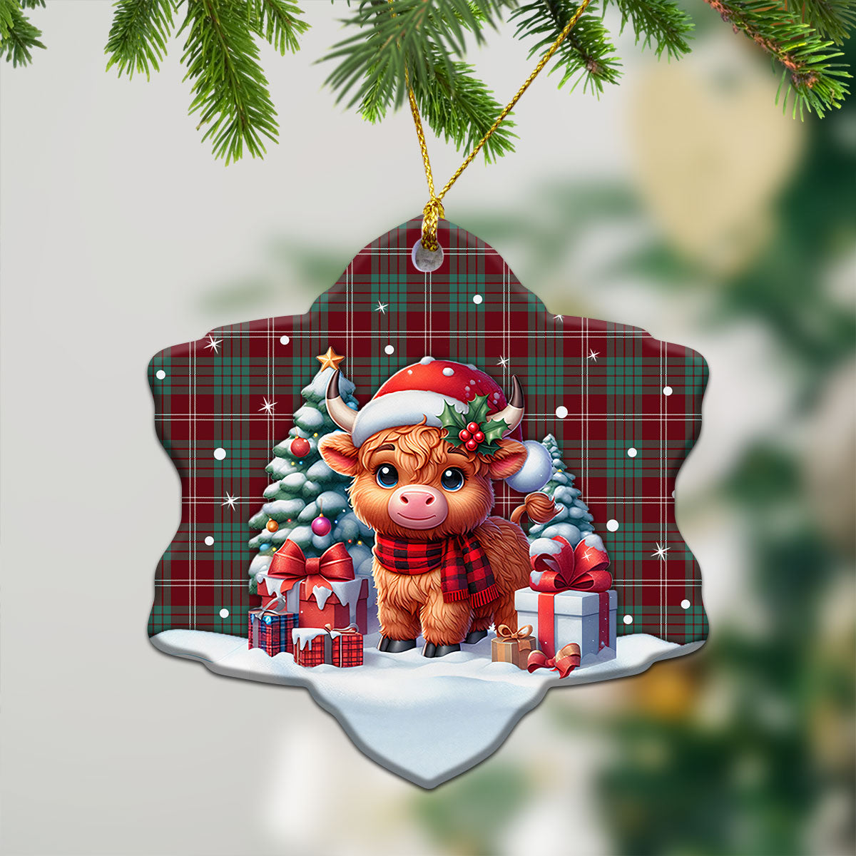 Crawford Modern Tartan Christmas Ceramic Ornament - Highland Cow Winter Style