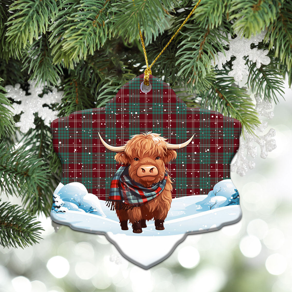 Crawford Modern Tartan Christmas Ceramic Ornament - Highland Cows Snow Style