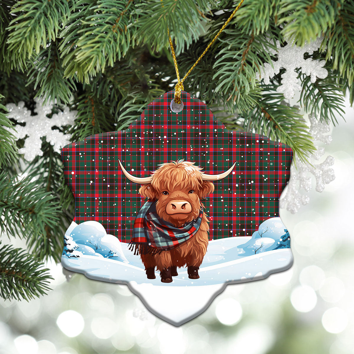 Cumming Hunting Modern Tartan Christmas Ceramic Ornament - Highland Cows Snow Style