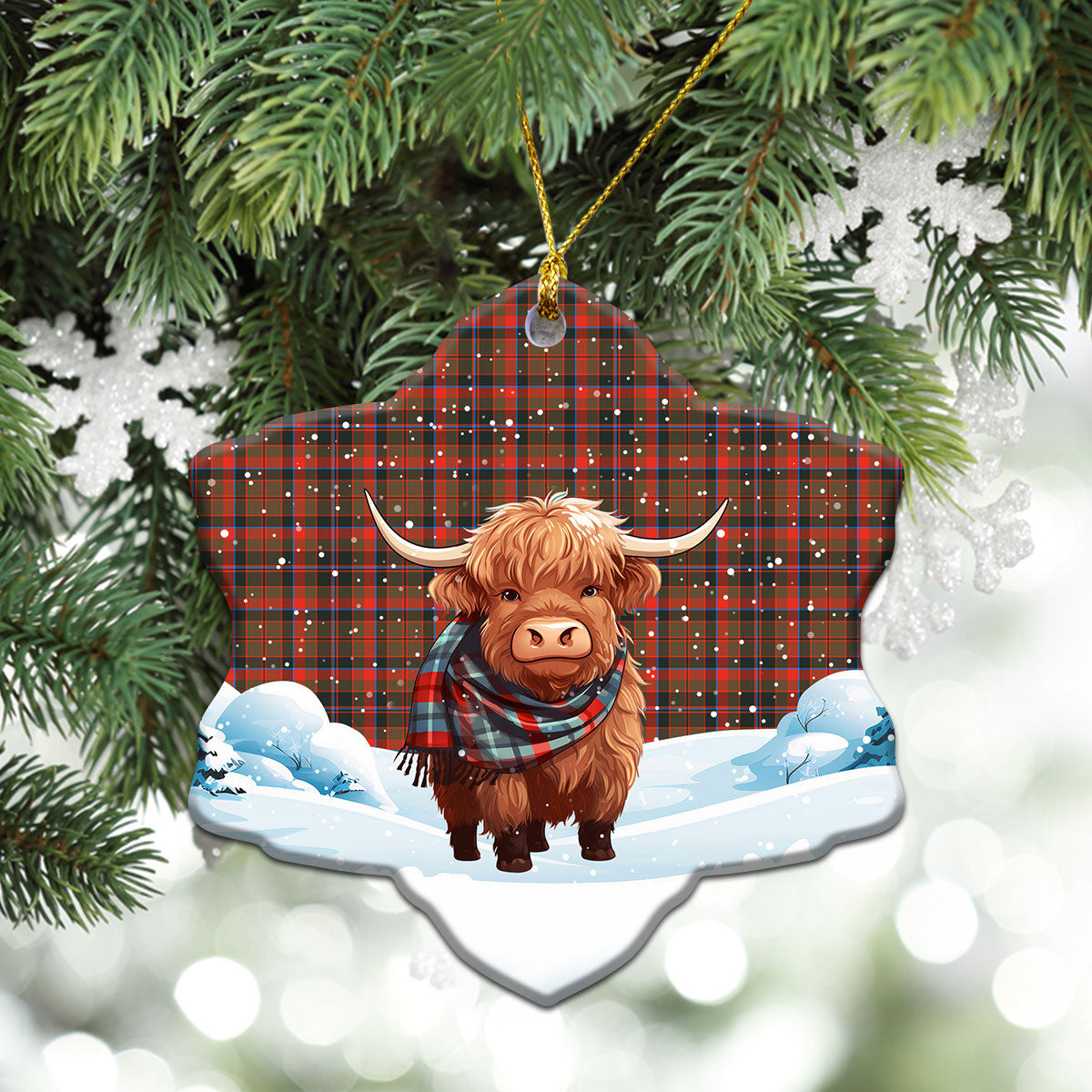 Cumming Hunting Weathered Tartan Christmas Ceramic Ornament - Highland Cows Snow Style