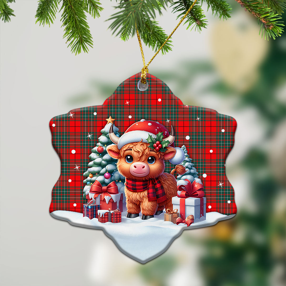 Cumming Modern Tartan Christmas Ceramic Ornament - Highland Cow Winter Style