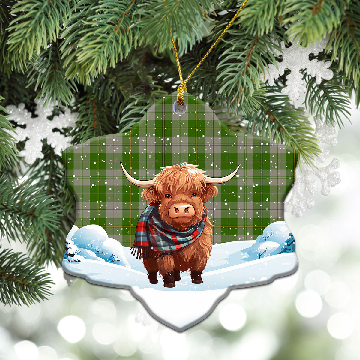 Cunningham Dress Green Dancers Tartan Christmas Ceramic Ornament - Highland Cows Snow Style