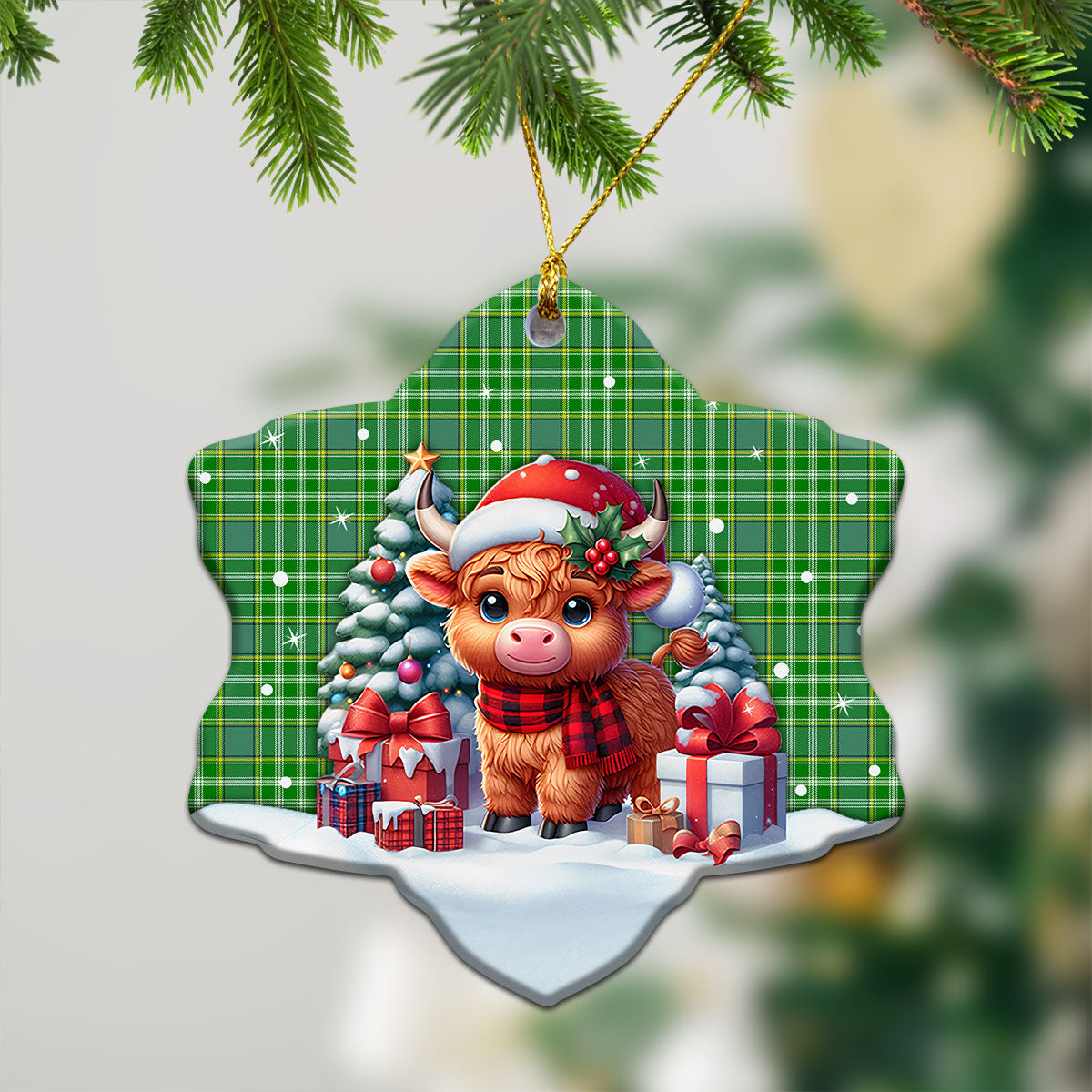 Currie Tartan Christmas Ceramic Ornament - Highland Cow Winter Style