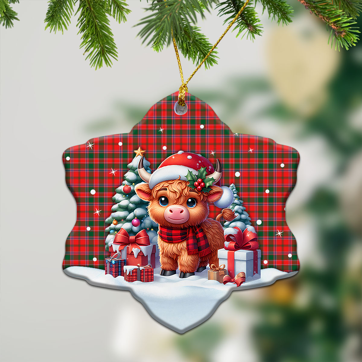 Dalziel Modern Tartan Christmas Ceramic Ornament - Highland Cow Winter Style