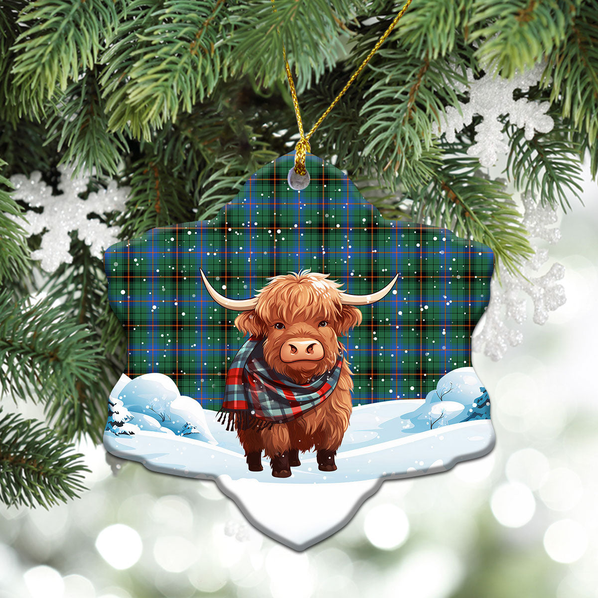 Davidson Ancient Tartan Christmas Ceramic Ornament - Highland Cows Snow Style