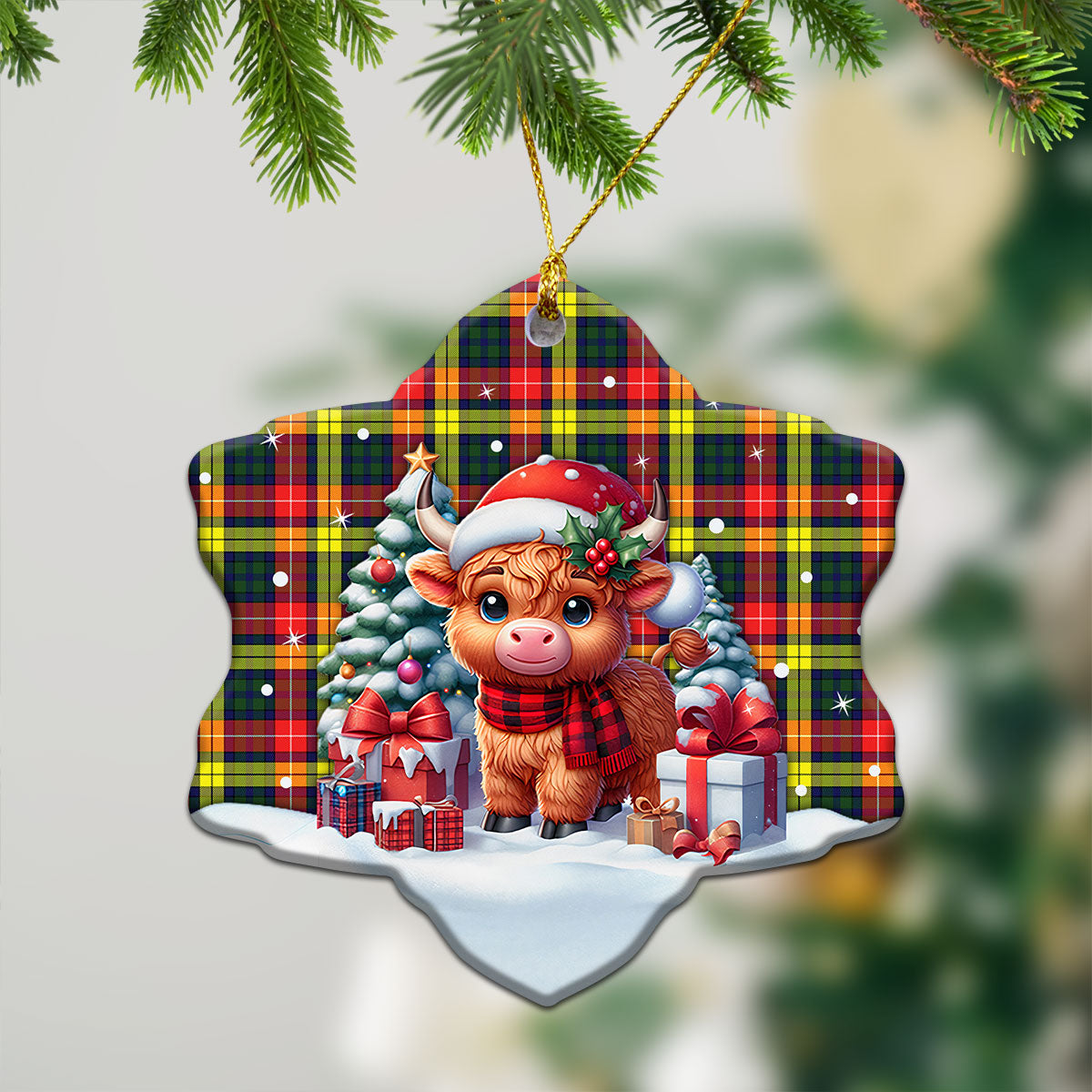 Dewar Tartan Christmas Ceramic Ornament - Highland Cow Winter Style