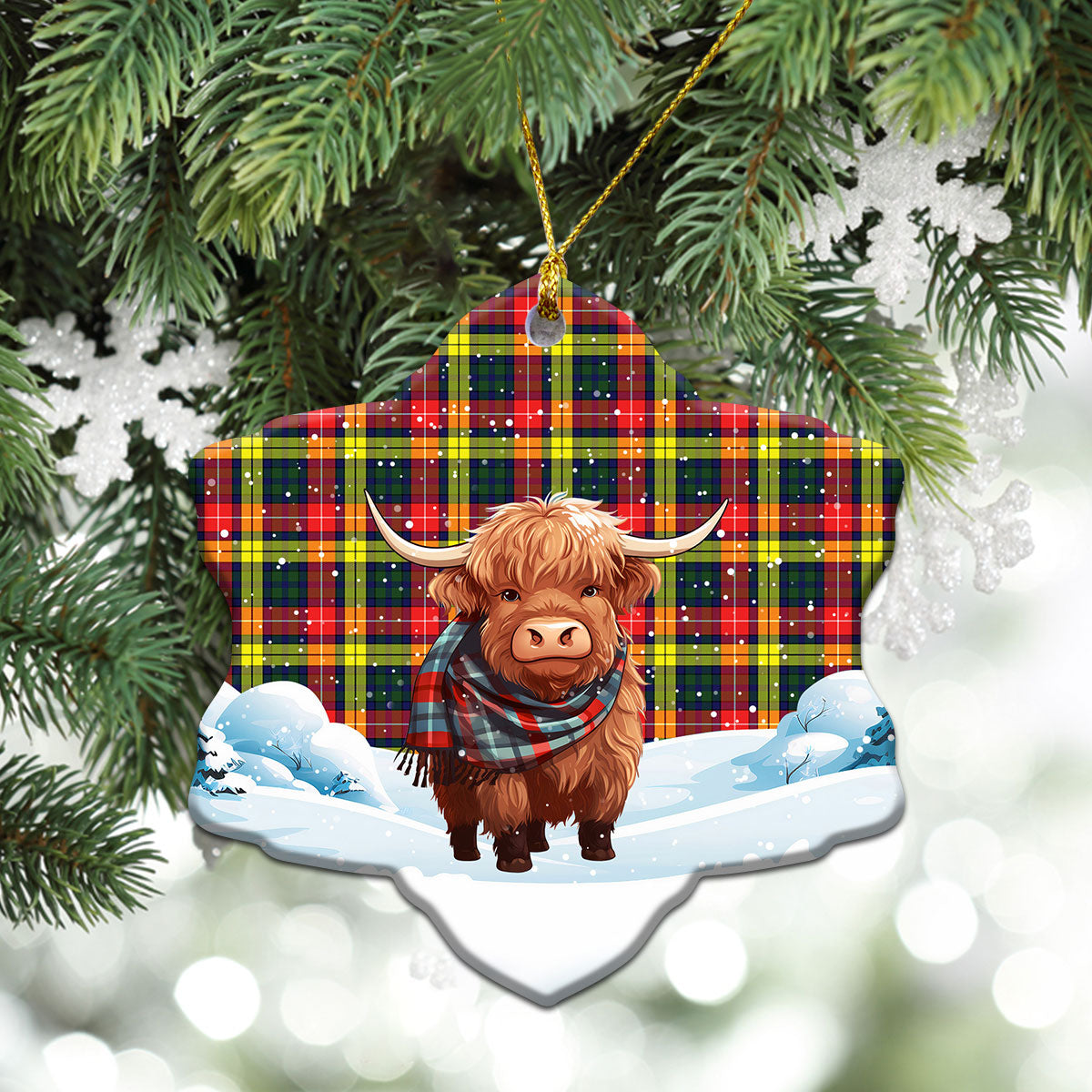 Dewar Tartan Christmas Ceramic Ornament - Highland Cows Snow Style