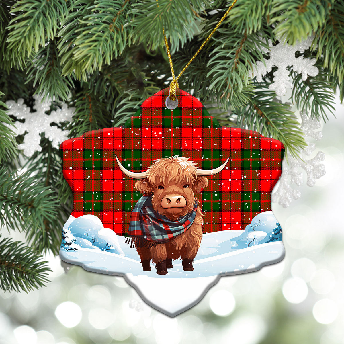 Dunbar Modern Tartan Christmas Ceramic Ornament - Highland Cows Snow Style