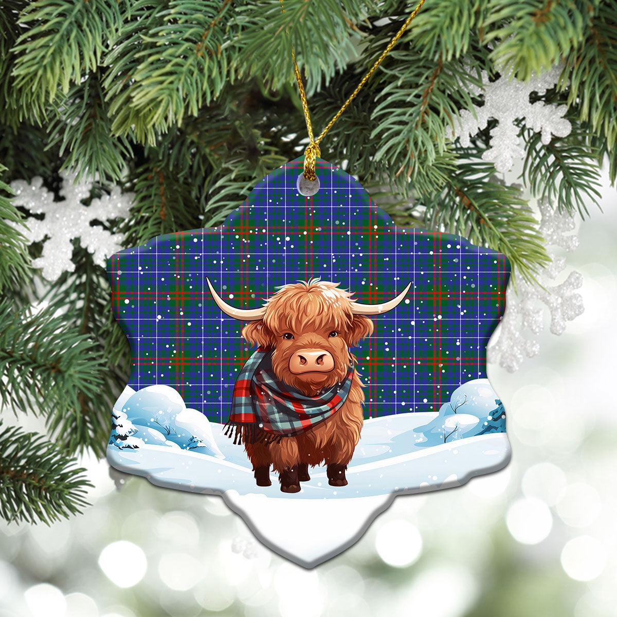 Edmonstone Tartan Christmas Ceramic Ornament - Highland Cows Snow Style