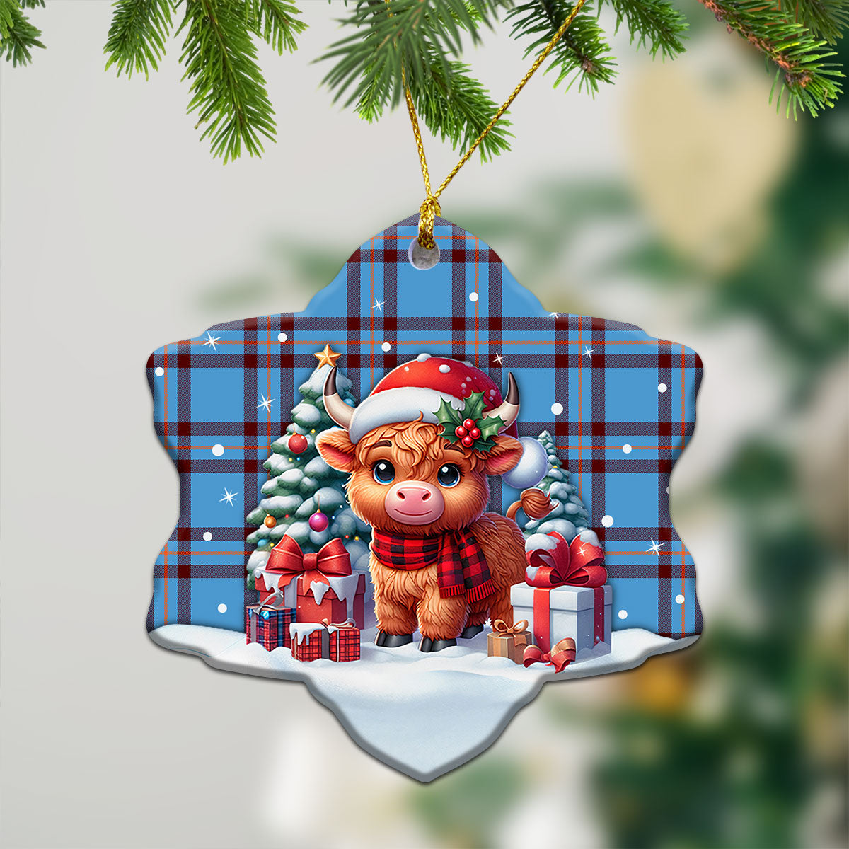 Elliot Ancient Tartan Christmas Ceramic Ornament - Highland Cow Winter Style