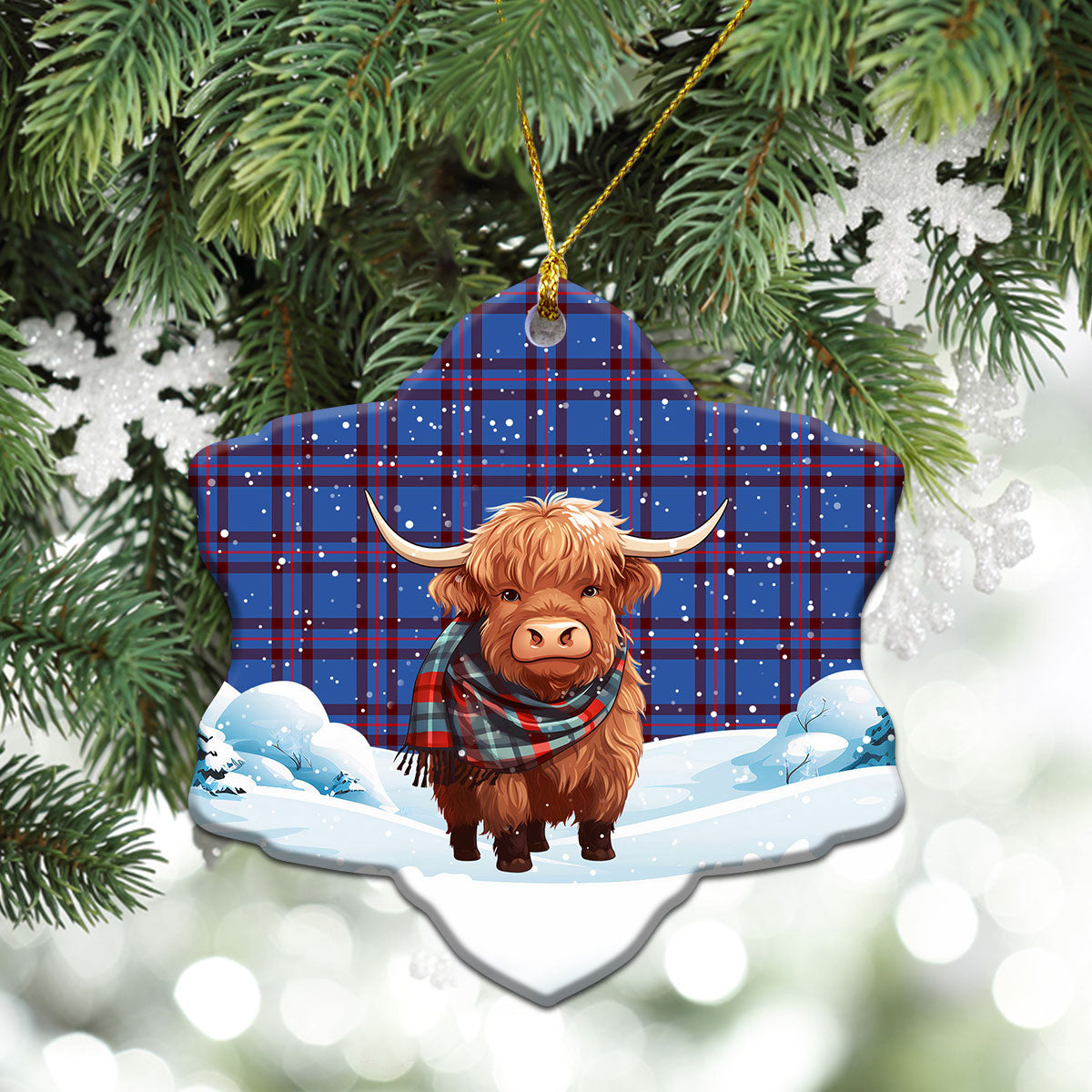 Elliott Modern Tartan Christmas Ceramic Ornament - Highland Cows Snow Style