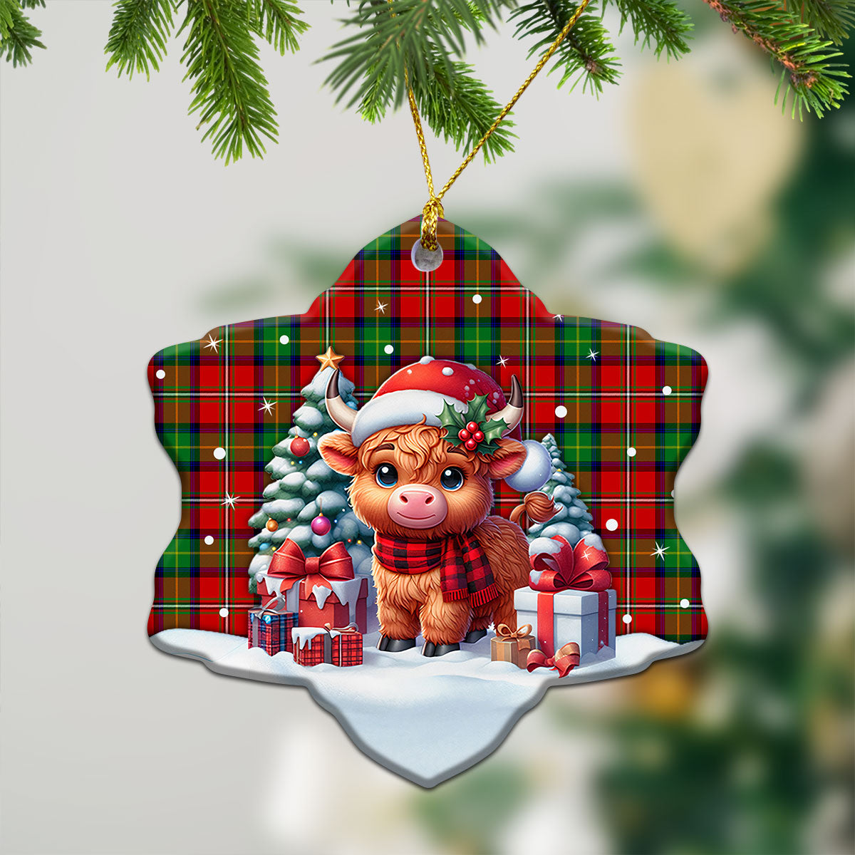 Fairlie Tartan Christmas Ceramic Ornament - Highland Cow Winter Style