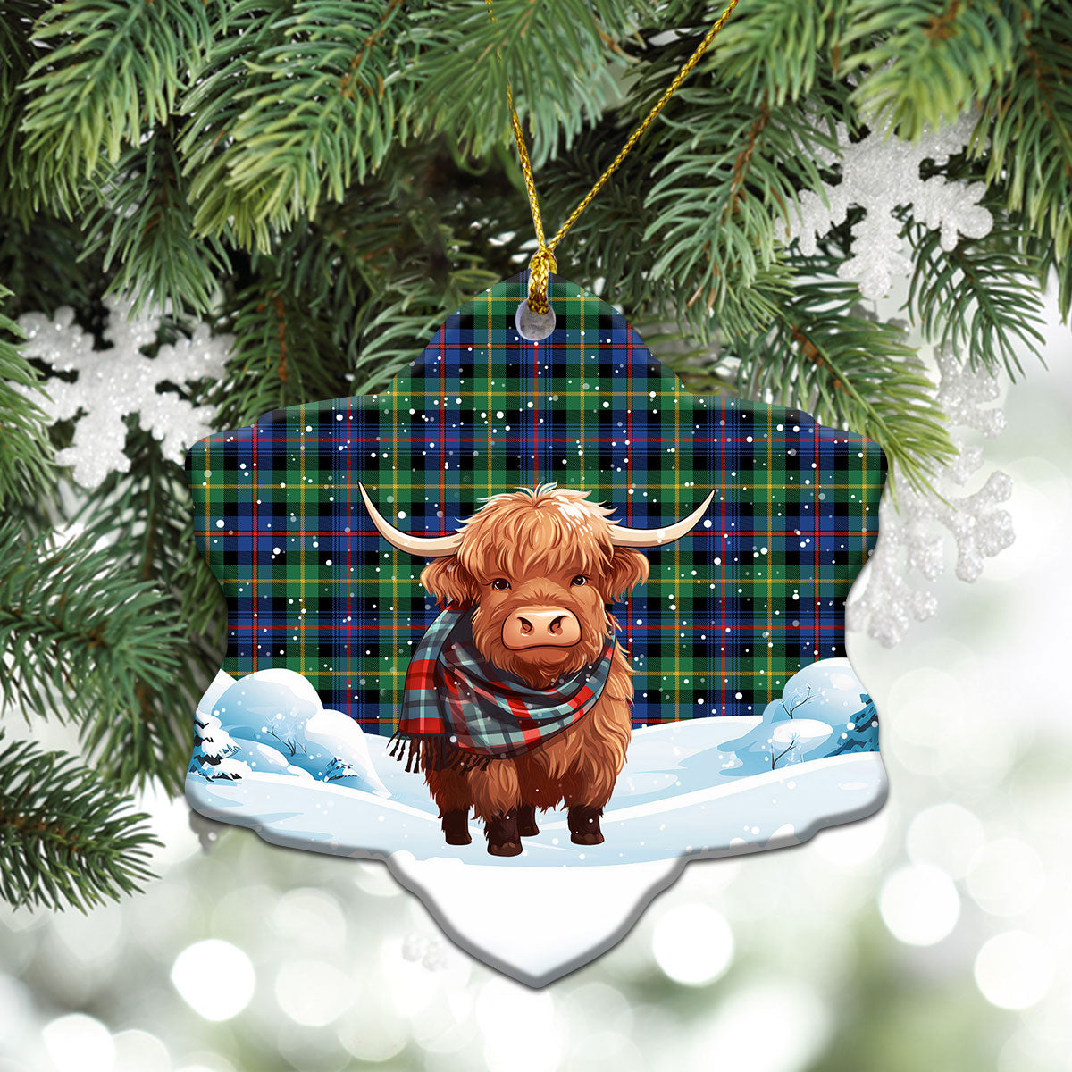 Farquharson Ancient Tartan Christmas Ceramic Ornament - Highland Cows Snow Style