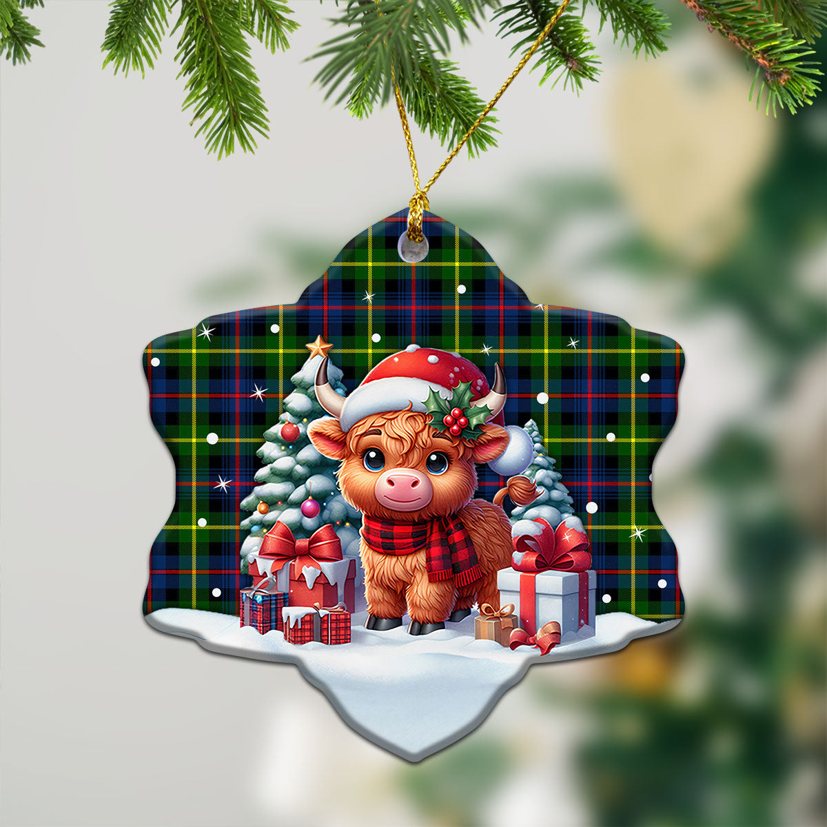 Farquharson Modern Tartan Christmas Ceramic Ornament - Highland Cow Winter Style