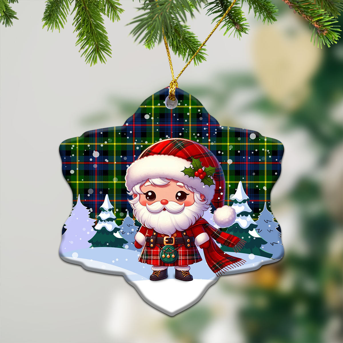 Farquharson Modern Tartan Christmas Ceramic Ornament - Santa Claus In Kilt Style