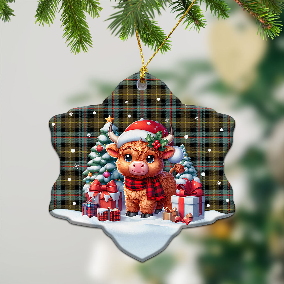 Farquharson Weathered Tartan Christmas Ceramic Ornament - Highland Cow Winter Style