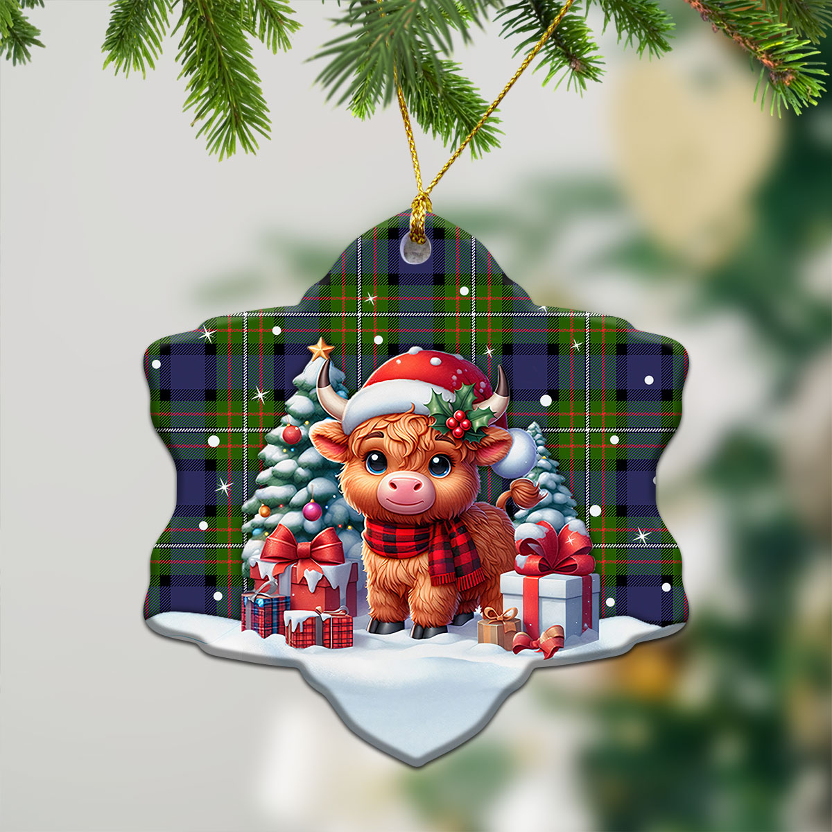 Fergusson Modern Tartan Christmas Ceramic Ornament - Highland Cow Winter Style