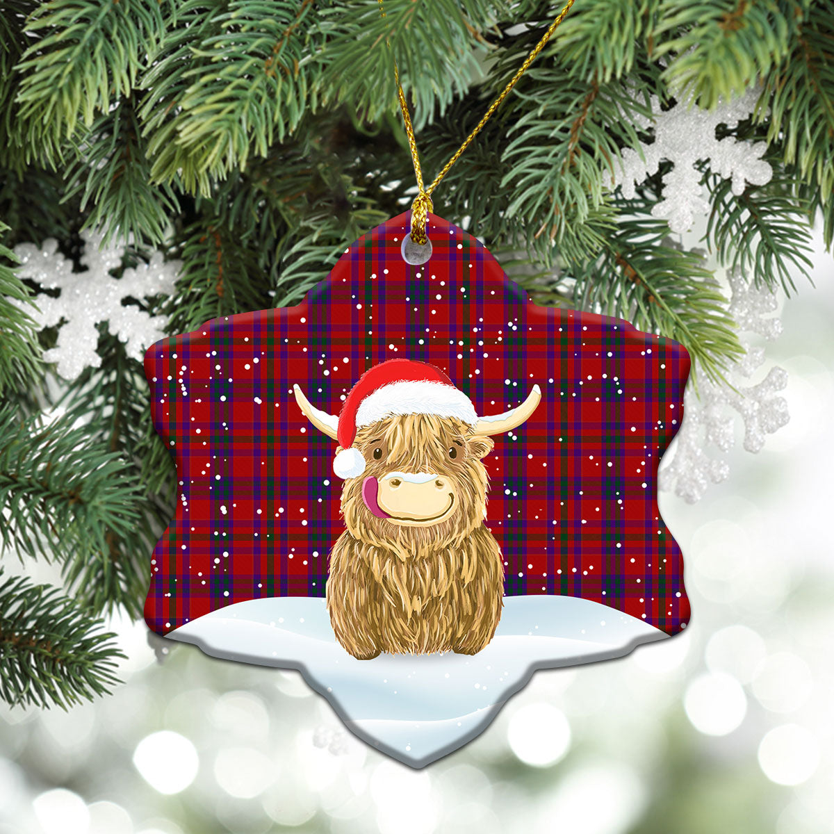 Fiddes Tartan Christmas Ceramic Ornament - Highland Cows Style