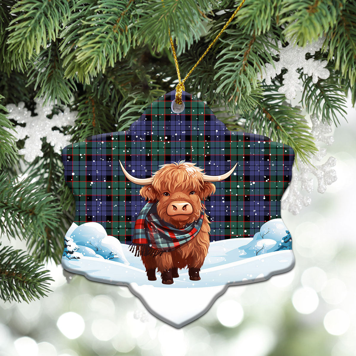 Fletcher Modern Tartan Christmas Ceramic Ornament - Highland Cows Snow Style