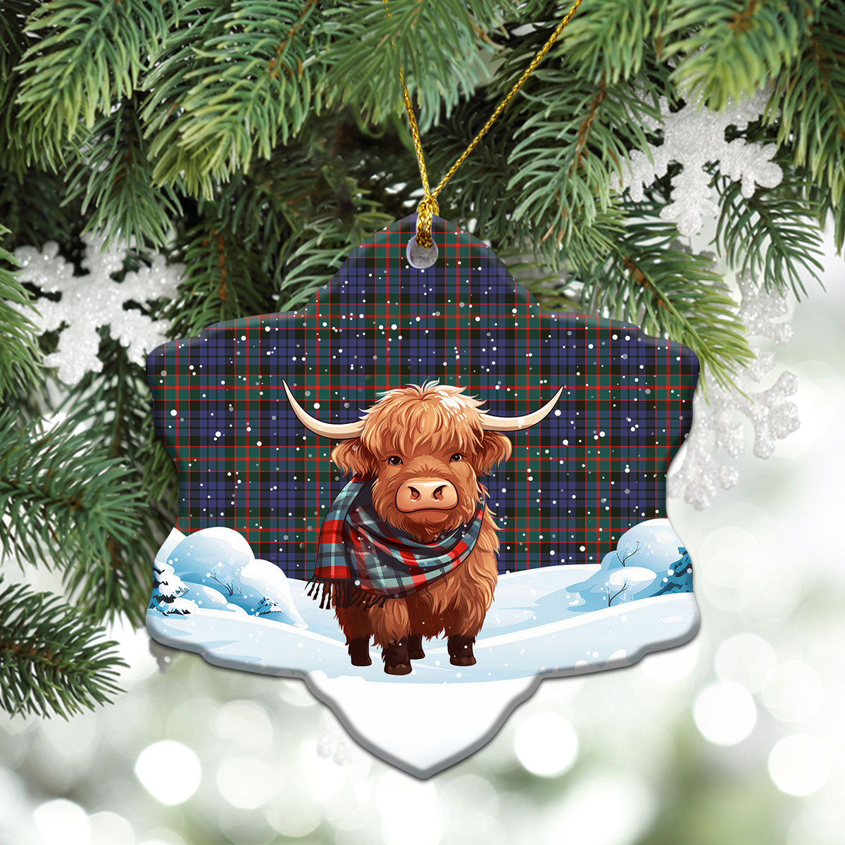 Fletcher of Dunans Tartan Christmas Ceramic Ornament - Highland Cows Snow Style