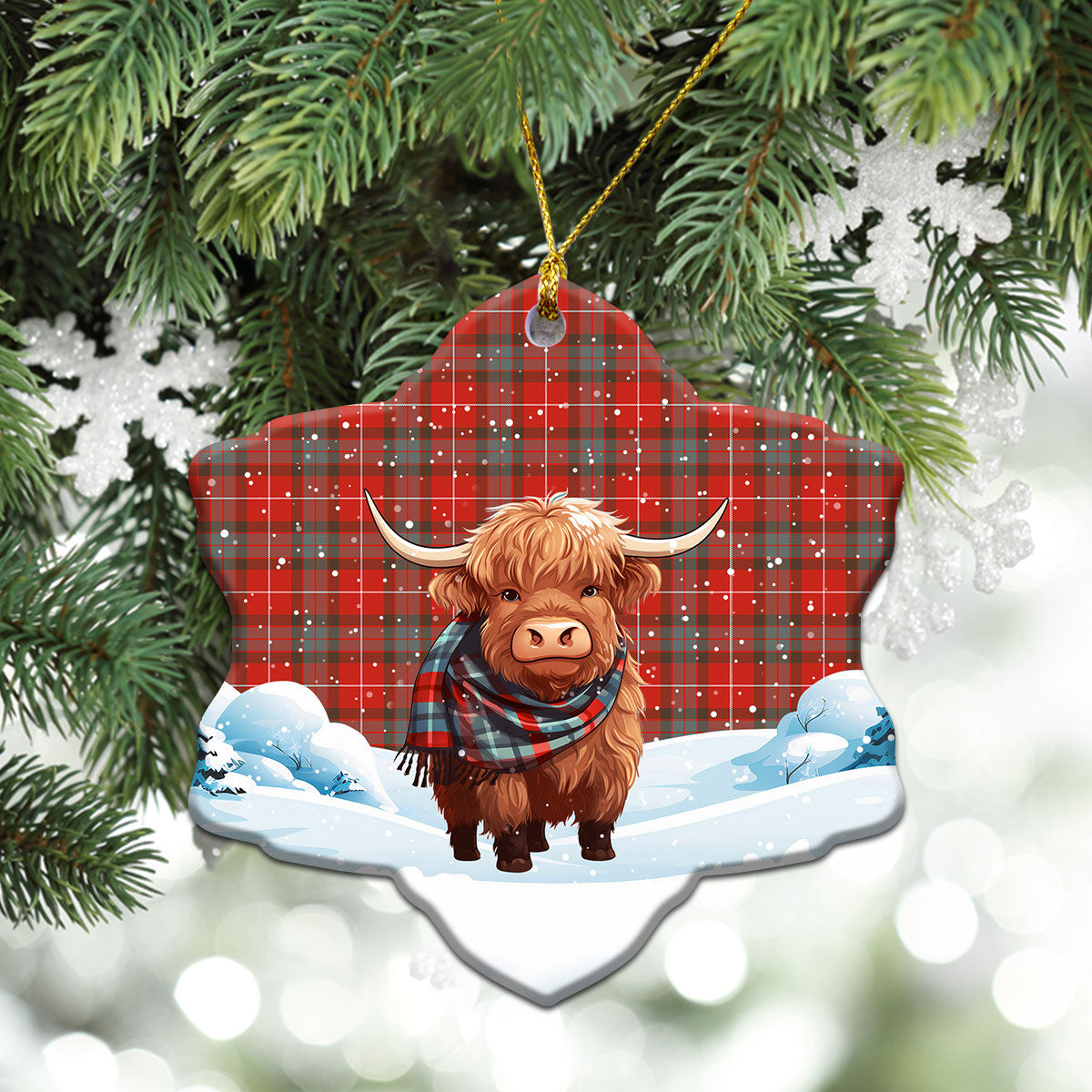 Fraser (of Lovat) Weathered Tartan Christmas Ceramic Ornament - Highland Cows Snow Style