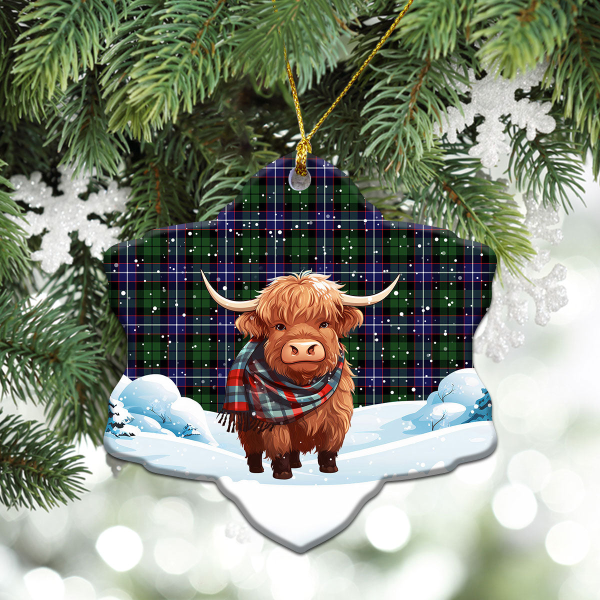 Galbraith Modern Tartan Christmas Ceramic Ornament - Highland Cows Snow Style