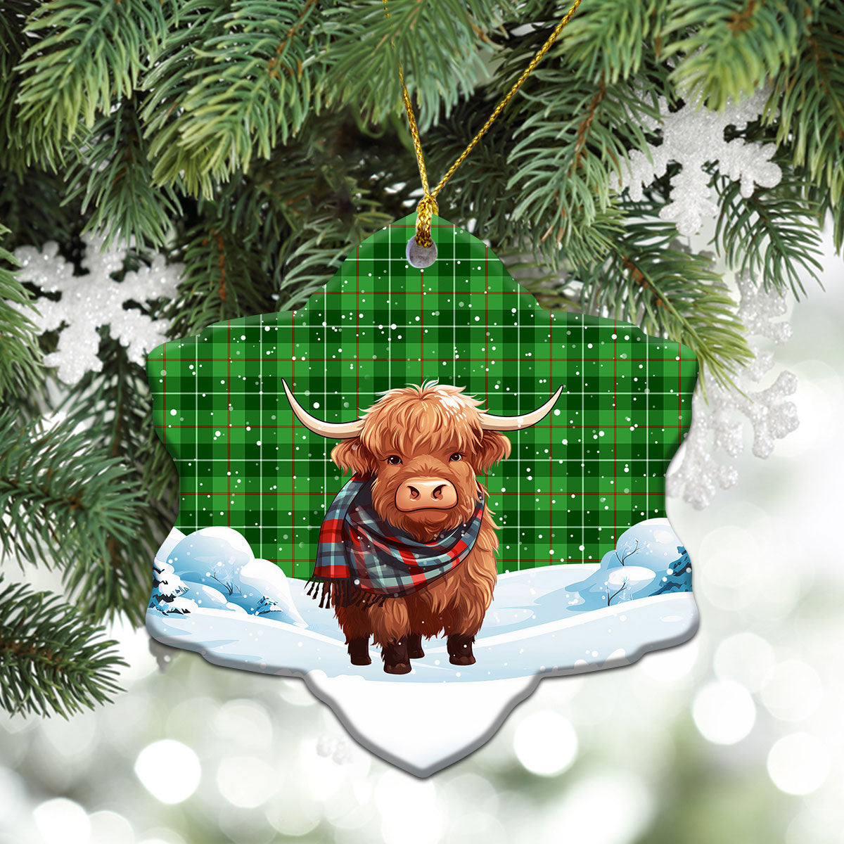 Galloway District Tartan Christmas Ceramic Ornament - Highland Cows Snow Style