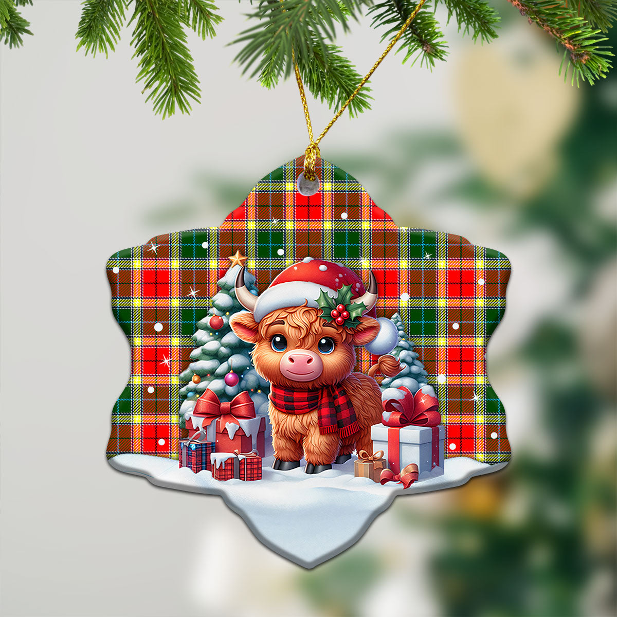 Gibson Tartan Christmas Ceramic Ornament - Highland Cow Winter Style