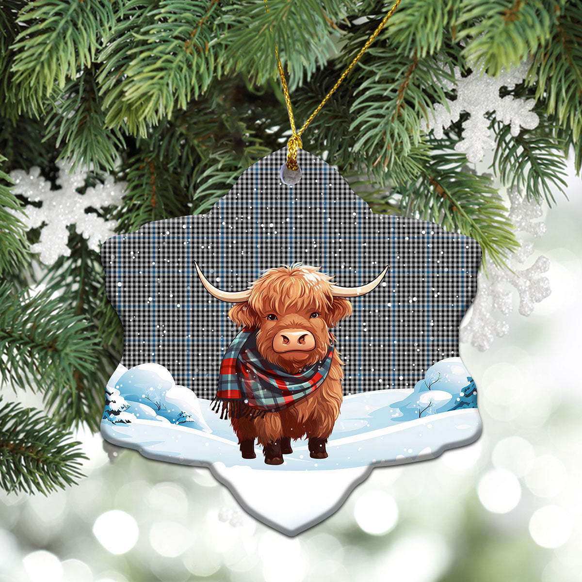 Gladstone Tartan Christmas Ceramic Ornament - Highland Cows Snow Style