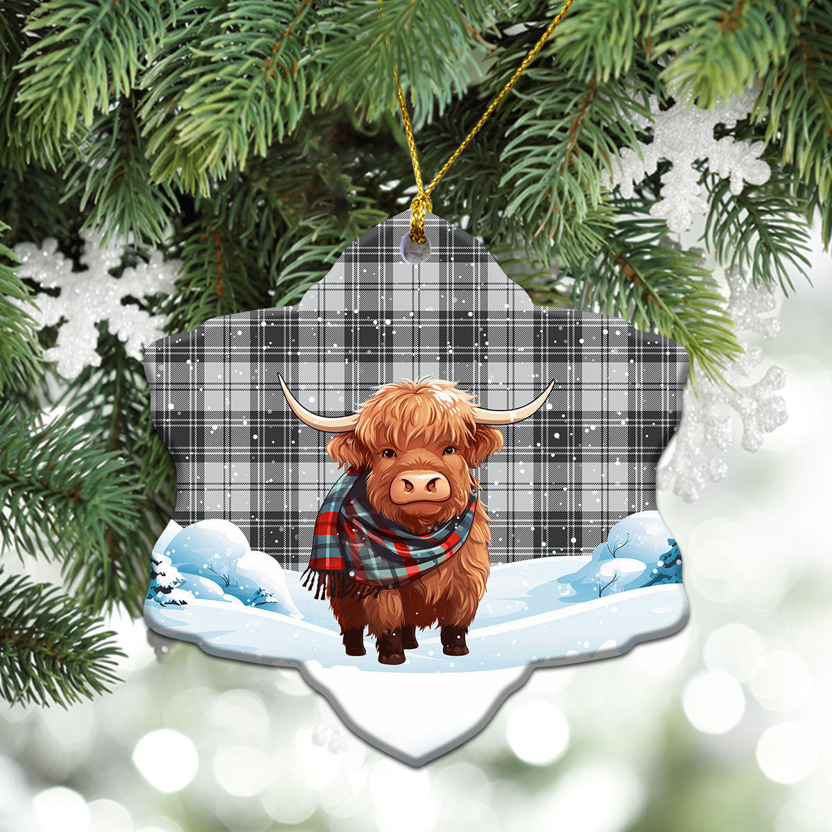 Glen Tartan Christmas Ceramic Ornament - Highland Cows Snow Style