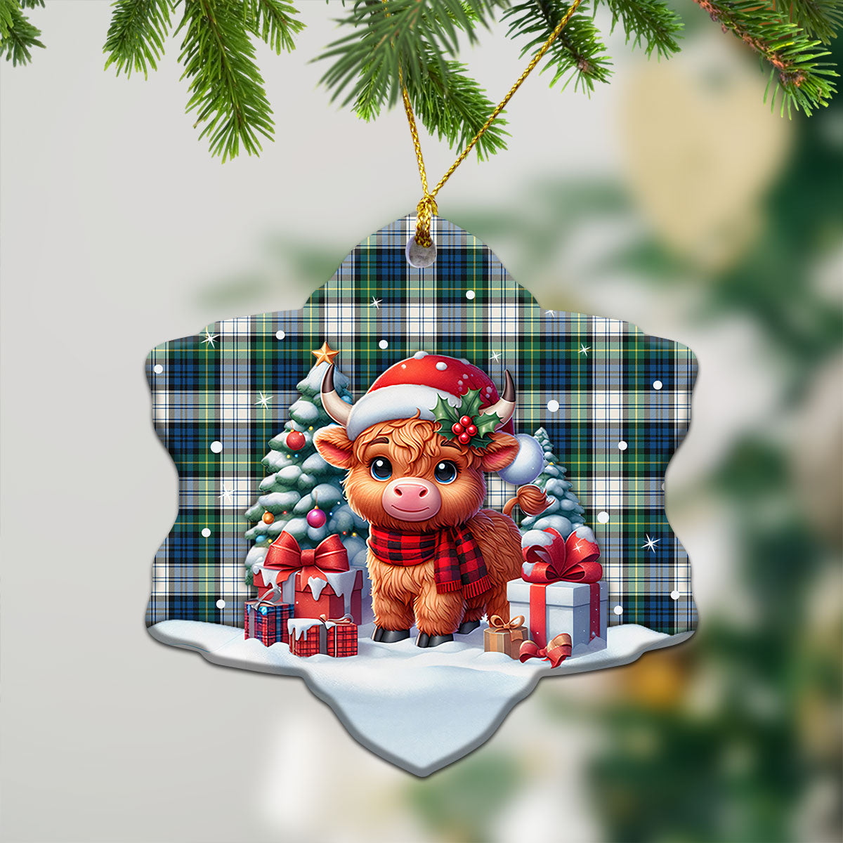 Gordon Dress Ancient Tartan Christmas Ceramic Ornament - Highland Cow Winter Style