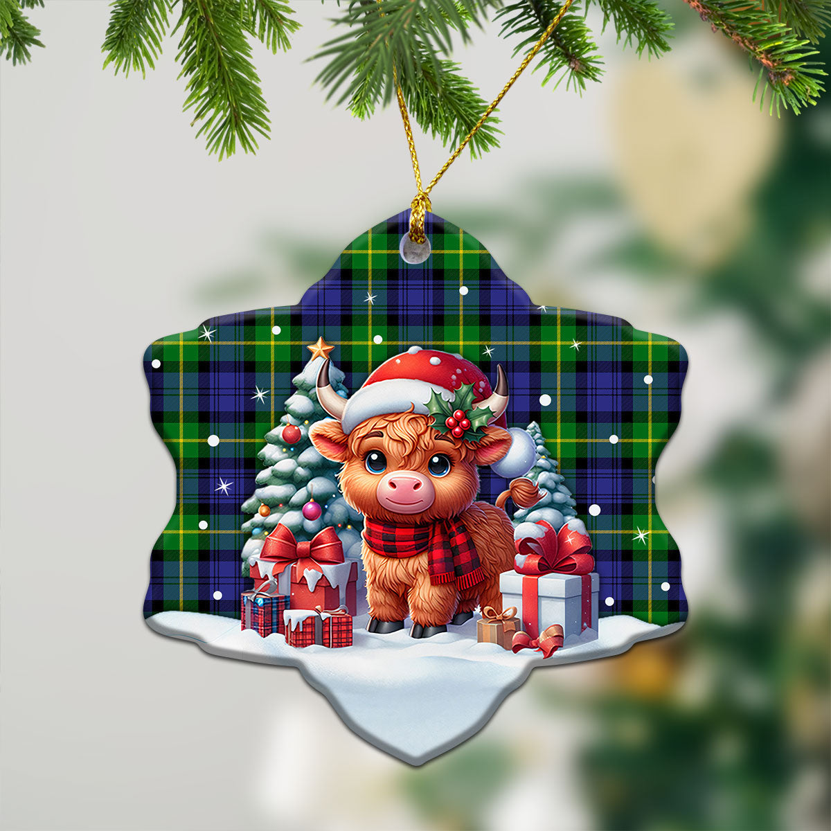 Gordon Modern Tartan Christmas Ceramic Ornament - Highland Cow Winter Style